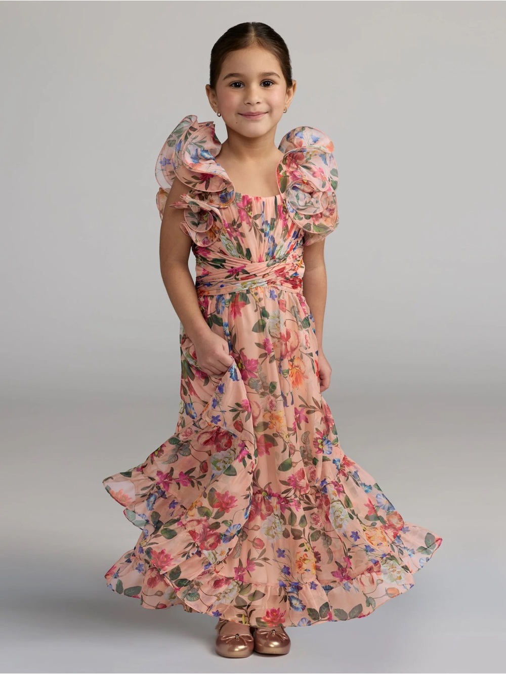 Mac Duggal 68669 Girls Pink Floral Chiffon Ruffle Shoulder Dress Size 2 NWT